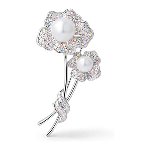 Vintage Elegant Unique Pearl Brooches with High Grade Austria Crystals for Women in Silver-Tone Valentines Day Gifts for Mum Ladies Birthday Wedding Prom Jewelery Corsage Flower Cover