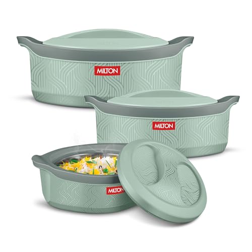 Image of Milton Evoke Jr. Gift Set PU Insulated Inner Stainless Steel Casserole,Set of 3(450 ml,850 ml, 1240 ml),Light Green,BPA Free,Food Grade,Hot and Cold,Easy to Carry,Easy to Store,Chapati,Roti,Curd Maker