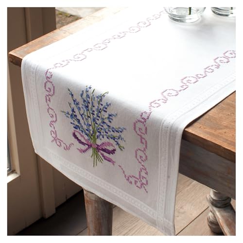 Chemin de table broderie lavande Vervaco kit point de croix pré-imprimé décoration maison