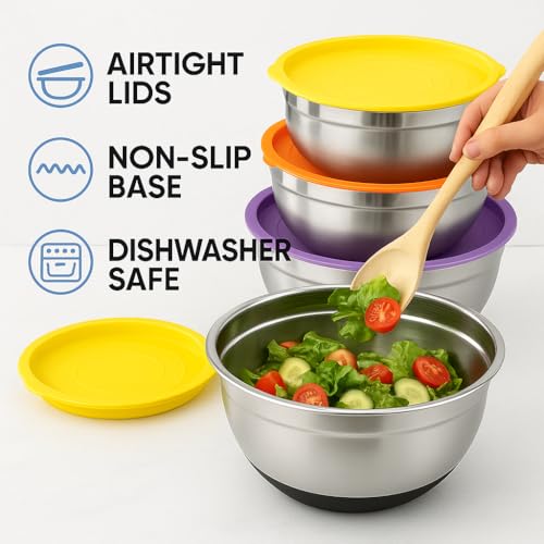 Stainless Steel Mixing Bowls Set with Lids – 5 Nesting Bowls for Food Storage, Baking & Meal Prep – Non-Slip Base, BPA-Free, Dishwasher Safe