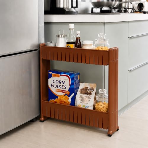 Image of JD FRESH 2-Tier Slim Rolling Storage Organizer Rack /Fridge Side Storage Rack /Plastic Trolley Storage Stand with Wheels /Floor Standing Cabinet for Bathroom and Kitchen Corner Area (Brown)