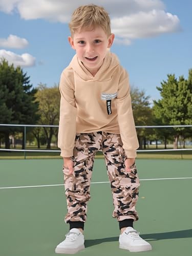 Image of Boys 2 Piece Outfits Long Sleeve Hooded Sweatshirt Top Camouflage Sweatpants Fall Winter Clothing Set 5-10T