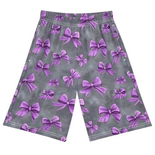 Purple Bows Sleep Shorts Summer Pajama Shorts Elastic Waist Sleep Bottoms with Pockets 6-14 Years