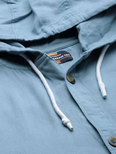 Image of Indian Garage Men's Slim Fit Solid Cotton Hooded Shirt Features Hooded Collar, Regular Placket, Full Sleeves, one Patch Pocket, Regular Length, Straight Hem and Button Closure.