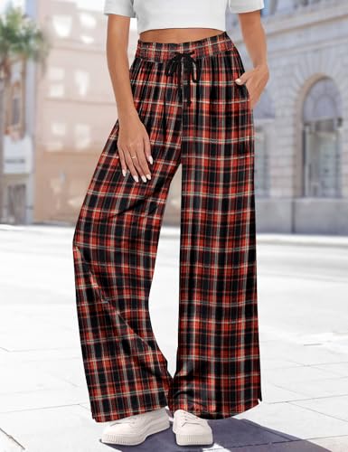 YESNO Women's Wide Leg Woolen Pants Fall Elastic High Waist Casual Palazzo Trousers with Pockets and Side Split PW03