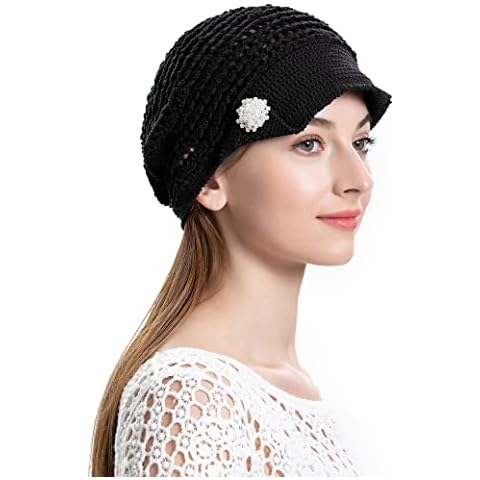 ZLYC Women Summer Slouchy Crochet Hat Handmade Cutout Knit Skull Cap with Visor (Solid Black) Cover