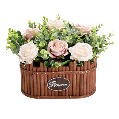 Nagobi Table Centerpieces for Dining Room, Pre-Made Dining Table Centerpiece Decor, Wooden Vase Flower Arrangements for Coffee Table Farmhouse Kitchen Living Room (Dusty Pink Champagne)