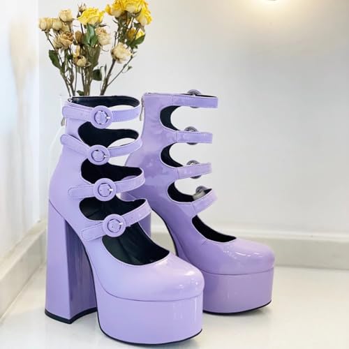 Frankie Hsu Lolita Women's Large Size Buckle Strap Plain Purple Violet Patent Leather Platform Chunky High Heels Ankle Heeled Sandal Boots Shoes2