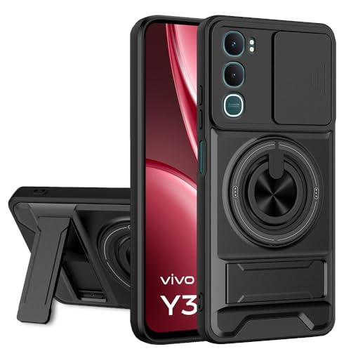 Image of AESTMO Vivo Y31 5G Back Cover | Armor Camera Slider 360 Degree Rotating Finger Ring Holder Case with Bracket Stand Back Case Cover for Vivo Y31 5G (Compatible with MagSafe Accessories) (Black)