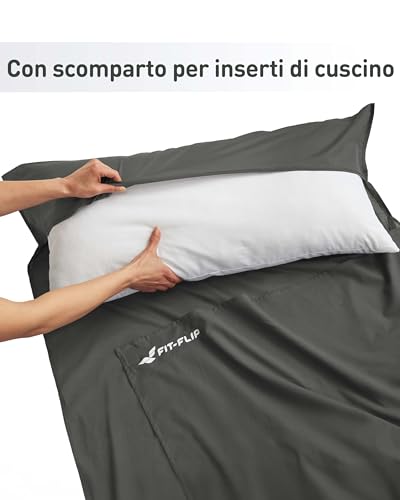Fit-Flip Lenzuola sacco a pelo ultraleggero da viaggio, sacco a pelo in microfibra con scomparto per cuscino, sacco a pelo estivo morbido in seta, sacco lenzuolo anche come sacco a pelo (grigio scuro) - 4