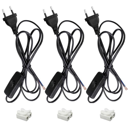 TXErfolg 3 Piezas Cables de alimentación con Interruptor 3M Cable de Conexión con Euro Enchufe, 2 x 0,5 mm², Cables con Interruptor para lámparas, lámparas de Mesa, lámparas de pie(Negro)