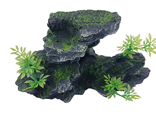 Natural Looking Gray Aquarium Rock Outcrop Ledge Ornament With Plastic Plants, Artificial Aquarium & Fish Tank Decoration Ornament, Fish, Reptile & Turtle Safe Polyresin #TOP5