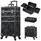 FRENESSA 3 in 1 Rolling Makeup Train Case Professional Cosmetic Trolley Large Storage with Keys Swivel Wheels Salon Barber Case Traveling Cart Trunk for Make Up Hairstylists Nail Tech, Alpine Black