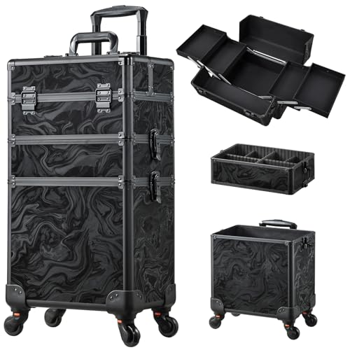 FRENESSA 3 in 1 Rolling Makeup Train Case Professional Cosmetic Trolley Large Storage with Keys Swivel Wheels Salon Barber Case Traveling Cart Trunk for Make Up Hairstylists Nail Tech, Alpine Black