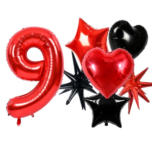 Image of TONIFUL 9th Birthday Balloons Kit 40 Inch Red Large Number 9 Foil Balloon | with 18Inch Helium Mylar Heart Star Balloons for Kids Women Men Birthday Anniversary Graduation New Year Eve Party Decoration