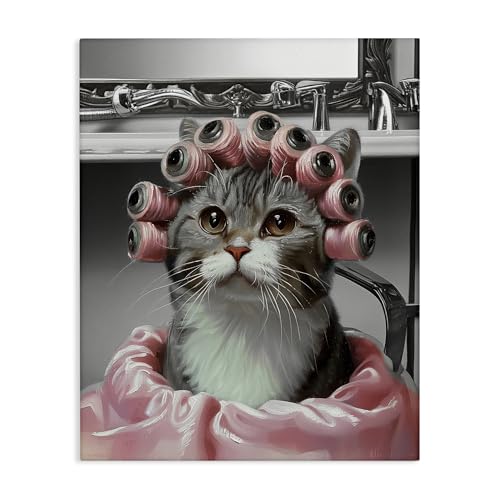 Stupell Industries Annabelle Hall Toile murale Motif chat avec rouleaux de cheveux 30 x 40 cm