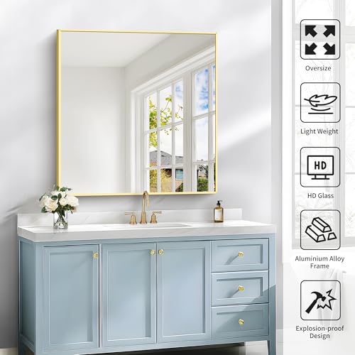 Image of COFENY Gold Bathroom Mirror for Wall, 30x30 Inch Square Mirrors with Metal Frame, Modern Vanity Wall Mirror Decor for Bathroom Living Room, Entryway Hangs Horizontal or Vertical