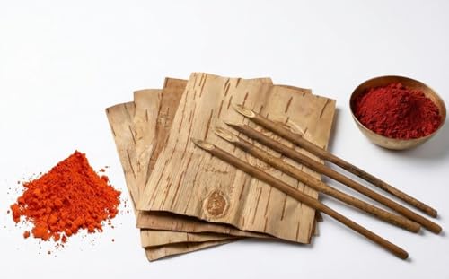 Bhojpatra(Pack of 10)(8 * 6.5inch) with Vedic Hand-Carved anar kalam, astgandh, Sandalwood powder for pooja, Original Bhoj patra For Yantra Writing Pooja Samagri, Betula utilis bark