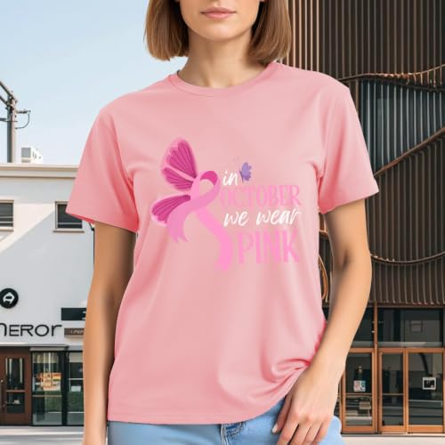 Image of Breast Cancer Awareness Ribbon Shirt Women-in October We Wear Pink Tees | Meaningful October Breast Awareness Cancer Shirt Pink Butterfly Short Sleeves Perfect for Survivors and Family Supporters