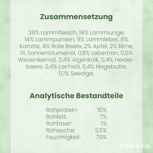 FRESCO Dog NassBarf Lamm 12 x 400g | Hundefutter Nass getreidefrei | Mono-Protein & 80% Frischfleisch | Nassfutter für Hunde ohne künstliche Zusätze | Aus Deutschland