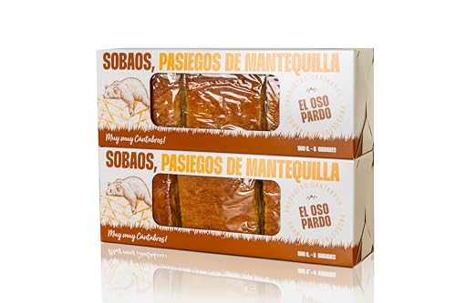 EL OSO PARDO Sobaos Pasiegos IGP - Receta Tradicional de Cantabria, Bizcocho de Mantequilla, 6 uds. Tamaño Mediano, Caja 500 g.