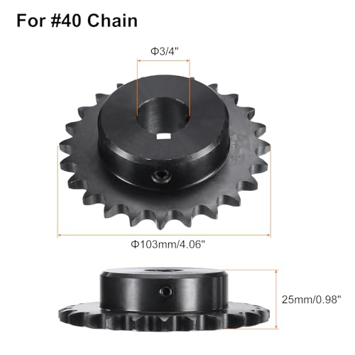 Image of uxcell #40 Chain Roller Sprocket B Type, 1 inch Bore 24 Tooth Single Strand Chain Sprocket, Carbon Steel, Keyway with Set Screws