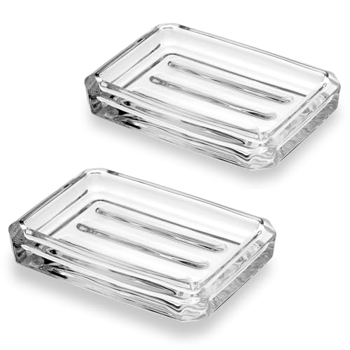 WHJY 2 Pack Glass Soap Dish Cute Bathroom Soap Dish Decorative Soap Dish Rectangular Soap Bar Container