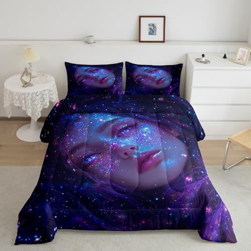 Image of Erosebridal 3D Japanese Girl Comforter Set with Glitter Stars Decorations Galaxy Bedding Full Size 3 Pieces Anime Decor Down Comforter, Fashion Anime Gifts for Girls Duvet Set with 2 Pillowcases