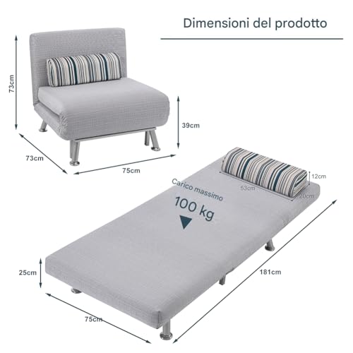 BAKAJI Schlafsofa, Einzelbett, Gestell aus Metall, Bezug aus Baumwolle, gepolstert, Rückenlehne mit 5 Positionen verstellbar. Maße 75 x 70 x 75 cm.