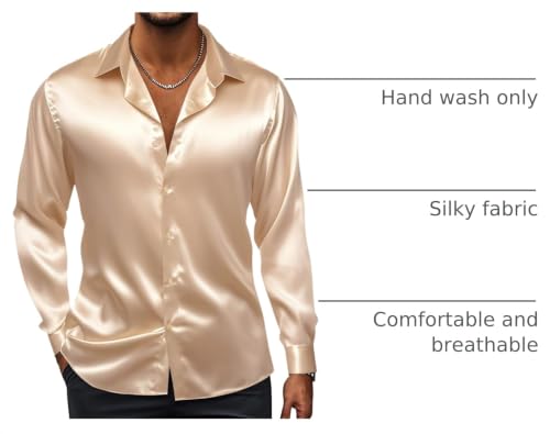 Image of Hi-Tie Men's Silk Satin Dress Shirts Long Sleeve Shiny Casual Button Up Shirts Luxury Party Disco Prom Wedding Shirt