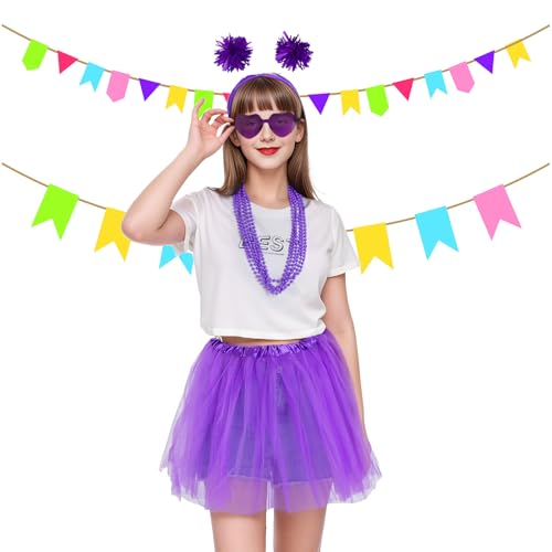Sucrain Tutu Costume Accessories Set, Spirit Day Pom Pom Headband Necklaces Heart Sunglasses Tutu Wear for Women Party - Thumbnail 6