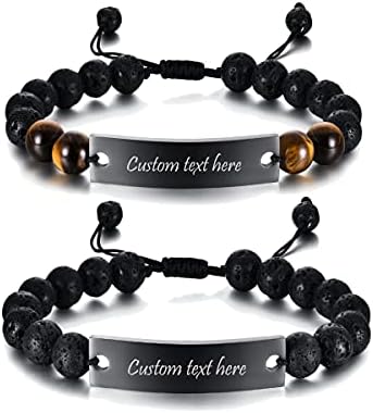 Mealguet Jewelry 2 Pcs Personalized Natural Gemstone ID Bracelet Lava Rock & Tiger's Eye Stone Beaded Bangle Custom Name Engraving Adjustable Handmade Customized Bracelet for Men Women