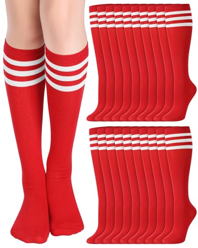 Chuarry 20 Pairs Red Knee High Socks for Women Classic Stripe Tube Outdoor Casual Athletic Socks Bulk for Cheerleading Activities Sport Spirit Event Wear