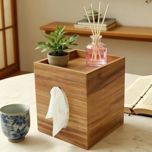 Acacia Wooden Tissue Box Cover Square Tissue Box Cover with Storage Tray Decorative Tissues Boxes Covers Modern Farmhouse Decor Tissues Holder for Bathroom Bedroom Dinner Table Office Kitchen