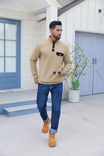 COOFANDY Quilted Sweatshirts for Men Quarter Button Pullover Sweatshirt Stand Collar Outdoor Polo with Pockets3