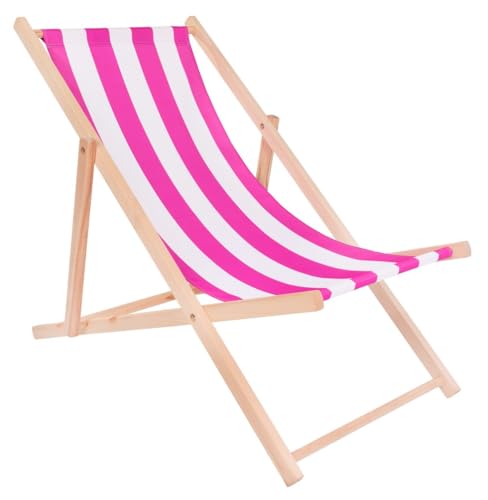 specwood Strandliege Klappbar Leicht - 119x58 cm - Liegestuhl klappbar Holz für Garten, Balkon - Sonnenliege Holz wetterfest - Klappliegestuhl aus Buche mit Baumwollstoff - Strandstuhl - Weiß & Rosa