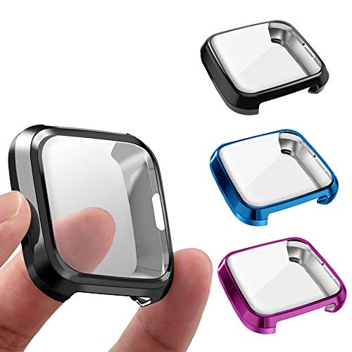 3 Packs Screen Protector Compatible Fitbit Versa Lite Edition, GHIJKL Ultra Slim Soft Full Cover Case for Fitbit Versa Lite Edition, Black, Blue, Purple