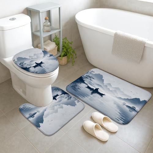 Ensemble rideau de douche polyester imperméable et tapis bleu - 5
