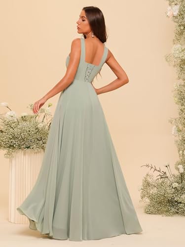 Women's Square Neck Chiffon Bridesmaid Dresses with Pockets 2025 Pleated Aline Formal Evening Dresses with Slit DE4352