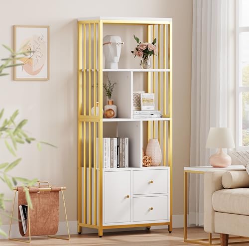 IDEALHOUSE Gold Bookshelf with Drawers Modern Bookcase Storage Rack Shelf Tall Standing Bookshelves Metal Frame Large Display Racks Book Shelf for Bedroom, Living Room, Home Office