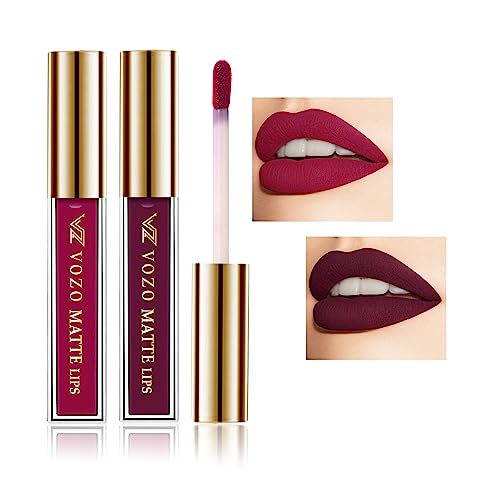 VOZO Stay-All-Day Matte Liquid Lipstick - Waterproof & Fade-Resistant Pack Of 2 (Passion Pink, Purplish Wine) 8ml