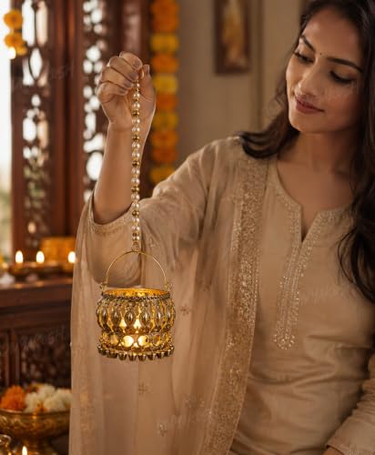 Image of Divyakosh Pack of 4 Festive Hanging LED Decor, Decorative Hang Tea Light Lantern, Temple & Festive Hangings Light, Diwali, Temple, Pooja, Lakshmi Ganpati Decor| 4 LED Lights