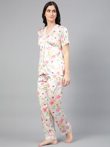 Image of KOTTY Women's Printed Satin Night Suit Shirt & Pyjama Set
