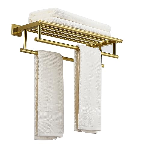 RTCUL Towel Rack for Bathroom 20 Inch Wall Mounted Towel Rack Brushed Gold Towel Shelf with Double Towel Bar SUS304 Stainless Steel Towel Holder for Bathroom Wall Hotel Towel Rail