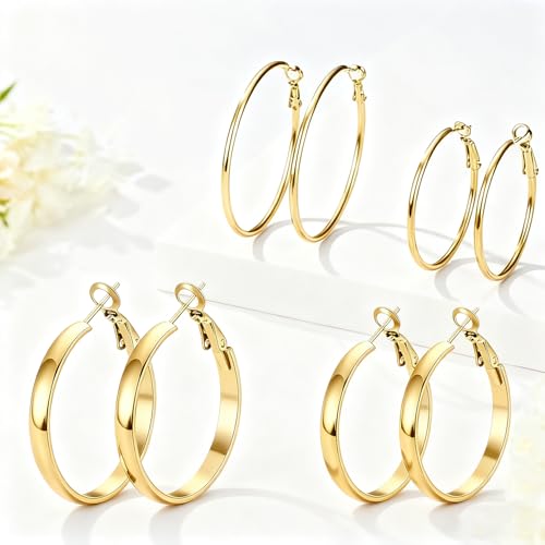Image of 4 Pairs Silver Gold Hoop Earrings for Women | 14K Gold Plated Hoop Earrings Set Hypoallergenic Earring Lightweight Dangle Earrings Set