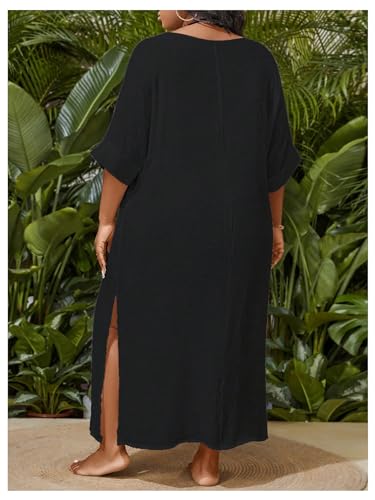 WDIRARA Women's Plus Size Swimwear V Neck Half Sleeve Split Side Cover Up Beach Dress2
