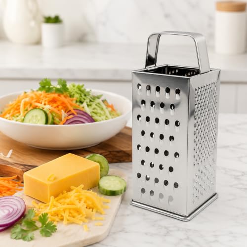 Image of Stainless Steel 4-Sided Box Grater with Handle | Multipurpose Vegetable, Cheese & Fruit Grater for Kitchen | Coarse, Fine, Slice & Shred Options
