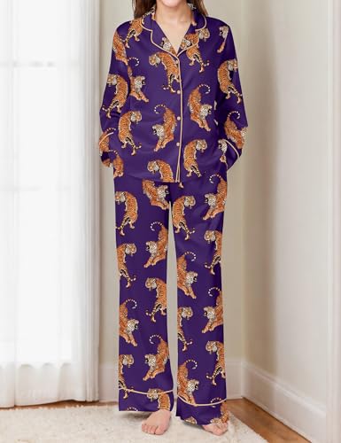 Image of SHESHOW Satin Pajamas Set for Women Set Long Sleeve Button Down Pjs Sets 2 Piece Loungewear Animal Sleepwear XS-XXL