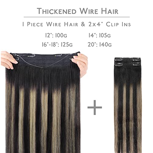Image of WENNALIFE Wire Hair Extensions Real Human Hair 16 inch 125g Balayage Natural Easy to Apply Reusable for Volume Black to Light Blonde Remy Real Hair Extensions Invisible Wire Human Hair Fish Line