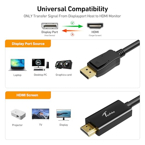 Image of Techie DisplayPort to HDMI Cable 1.8m Full HD 1080p 60Hz Display Cable, DisplayPort (Male) to HDMI (Male) Video Converter, Durable PVC Build and Plug-and-Play (Black)